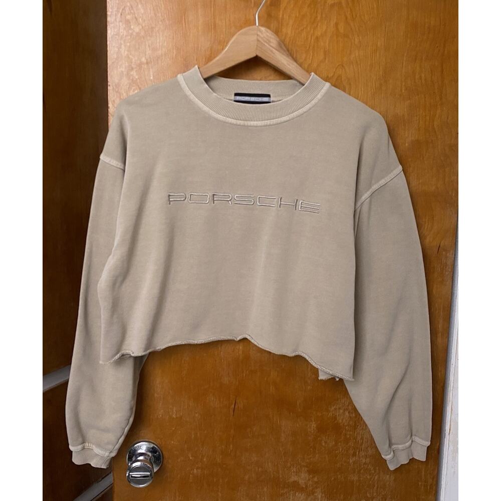 Porsche Essential Womens Jumper Logo Embroidered Crop Sweatshirt Beige Sz P Sm